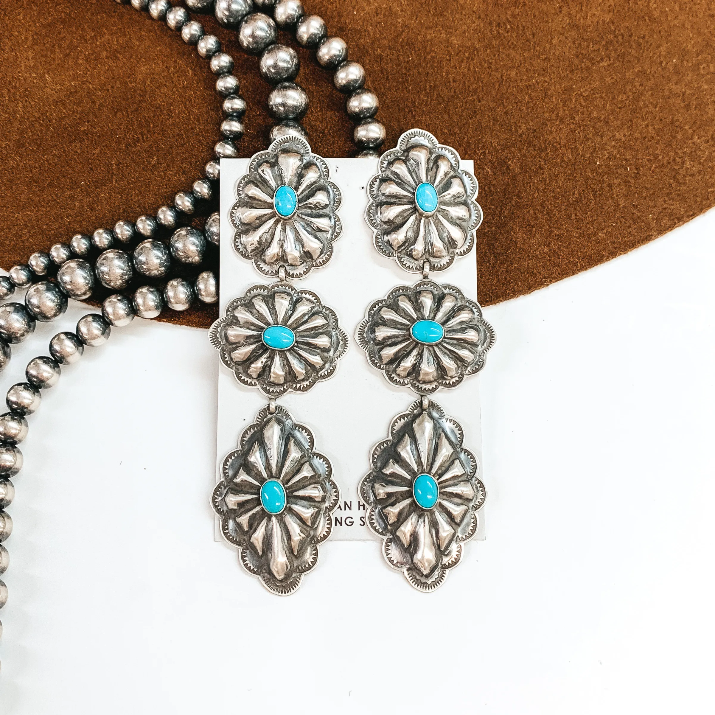 RL Begay | Navajo Handmade Sterling Silver Concho Drop Earrings with Turquoise Stones