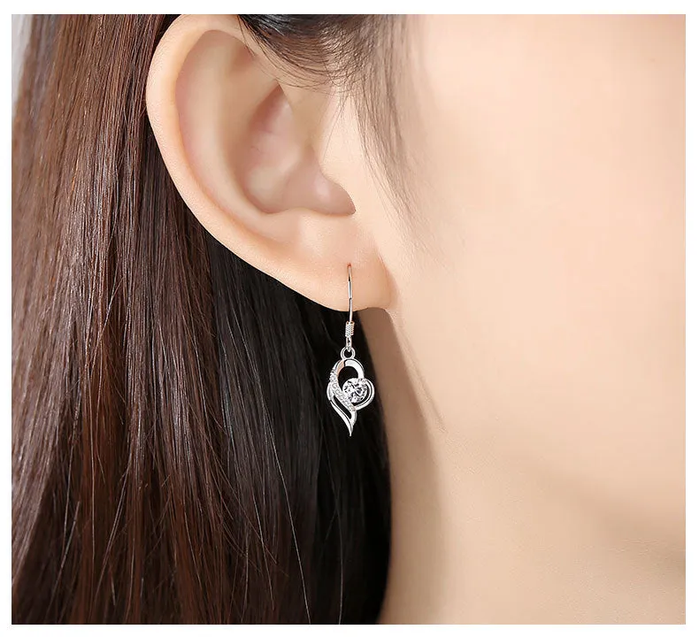 Rotating Heart with Round Zircon Silver Drop Earrings for Women