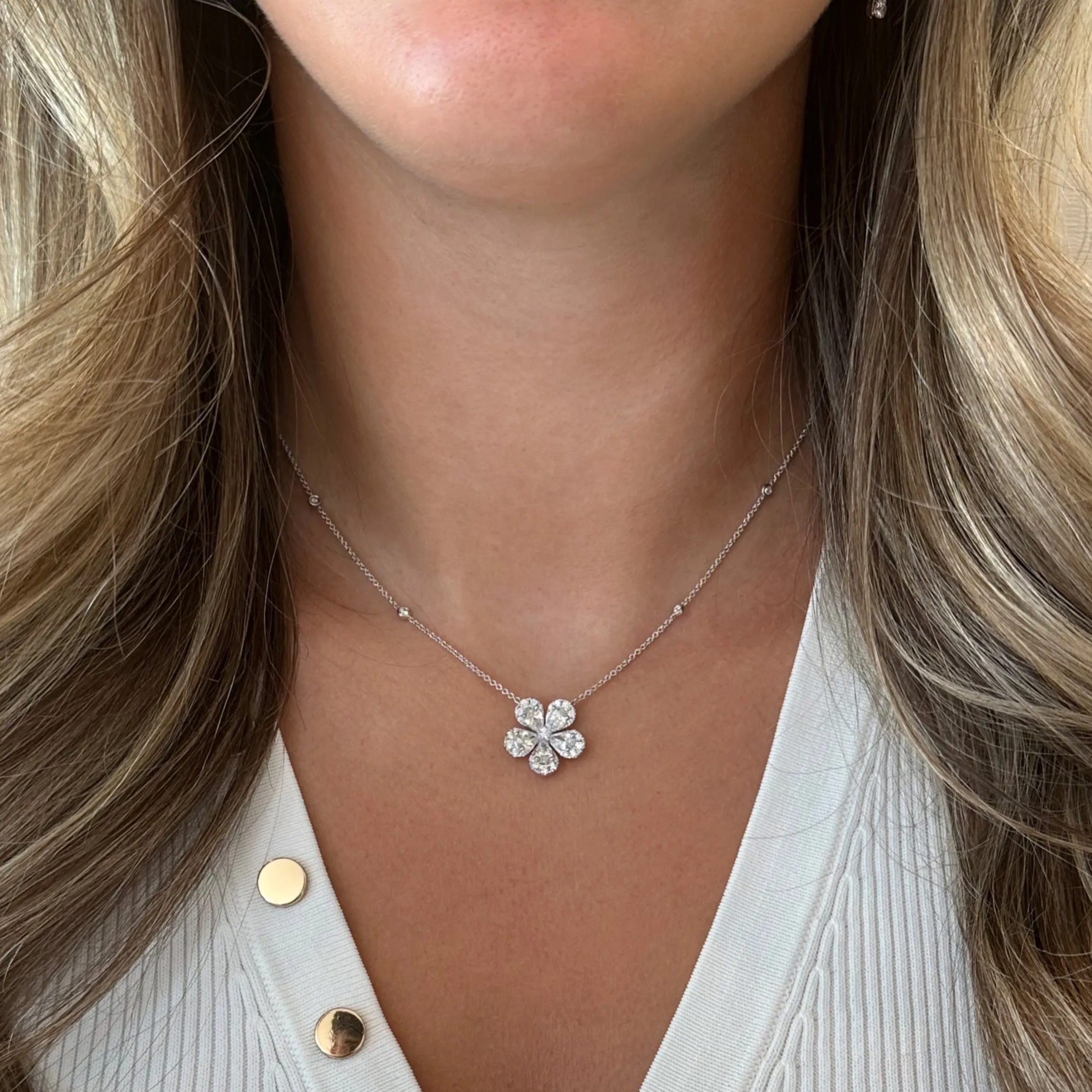 Round & Pear-Shaped Diamond Flower Pendant Necklace