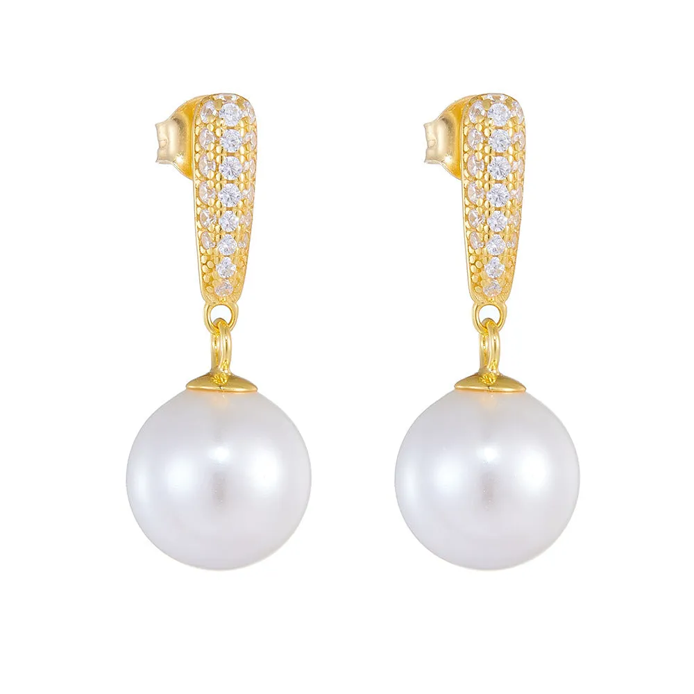 Round Pearl Pendant Zircon Sterling Silver Drop Earrings