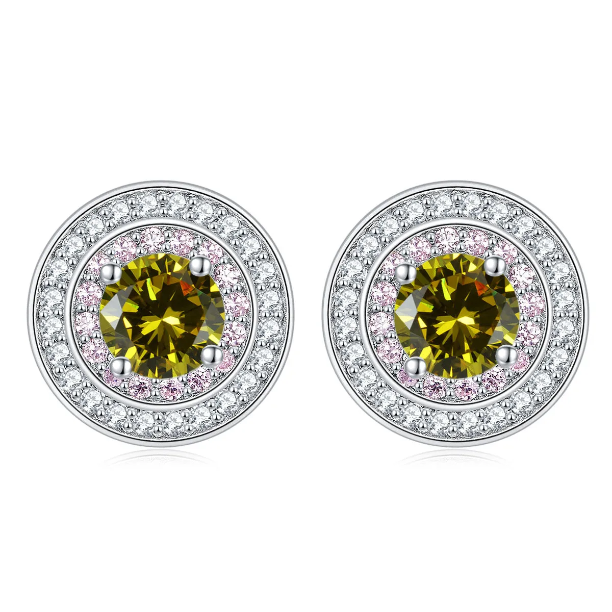 Round Zircon Soleste Halo with Pink Zircon Silver Studs Earrings for Women