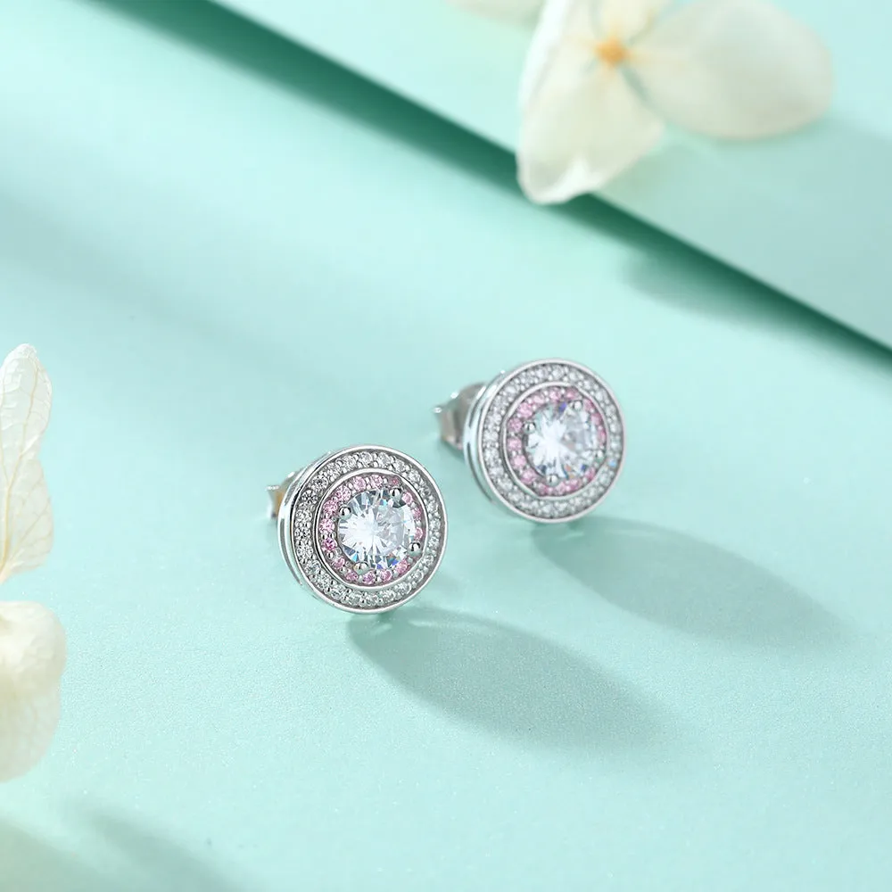 Round Zircon Soleste Halo with Pink Zircon Silver Studs Earrings for Women