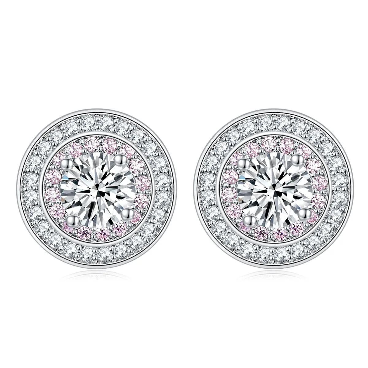 Round Zircon Soleste Halo with Pink Zircon Silver Studs Earrings for Women