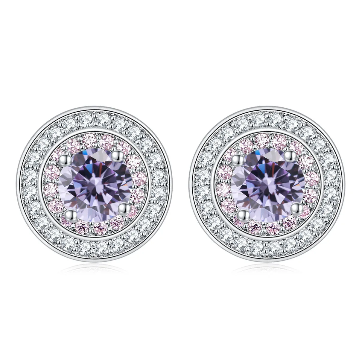 Round Zircon Soleste Halo with Pink Zircon Silver Studs Earrings for Women