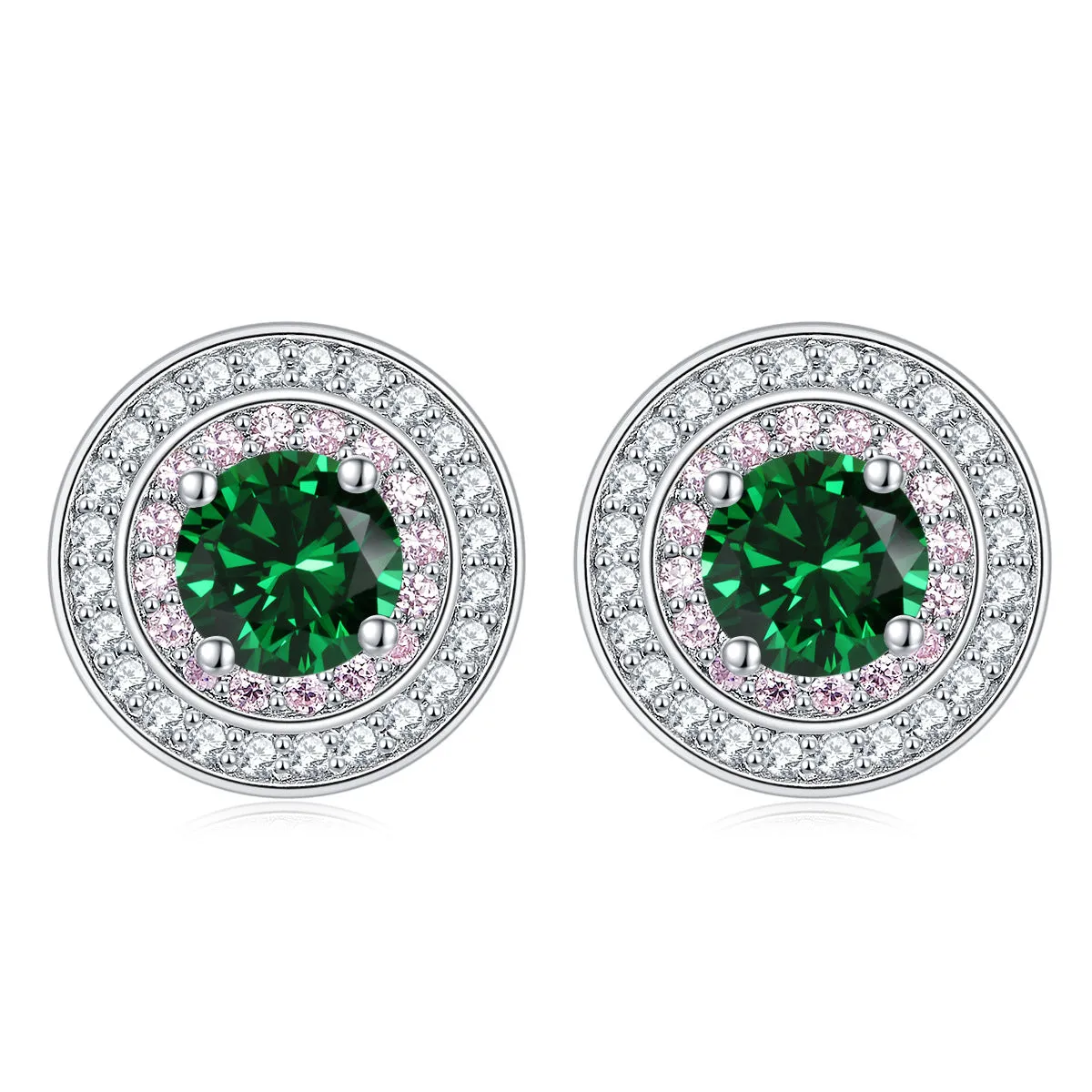 Round Zircon Soleste Halo with Pink Zircon Silver Studs Earrings for Women