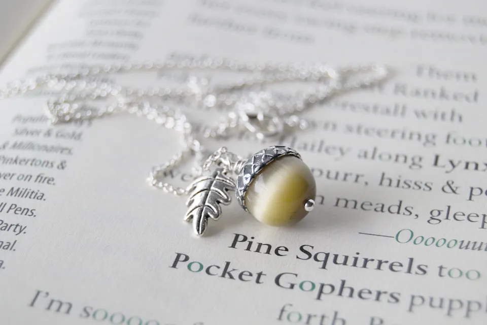 Saffron and Silver Acorn Necklace | Fall Acorn Necklace | Woodland Gemstone Acorn | Nature Jewelry