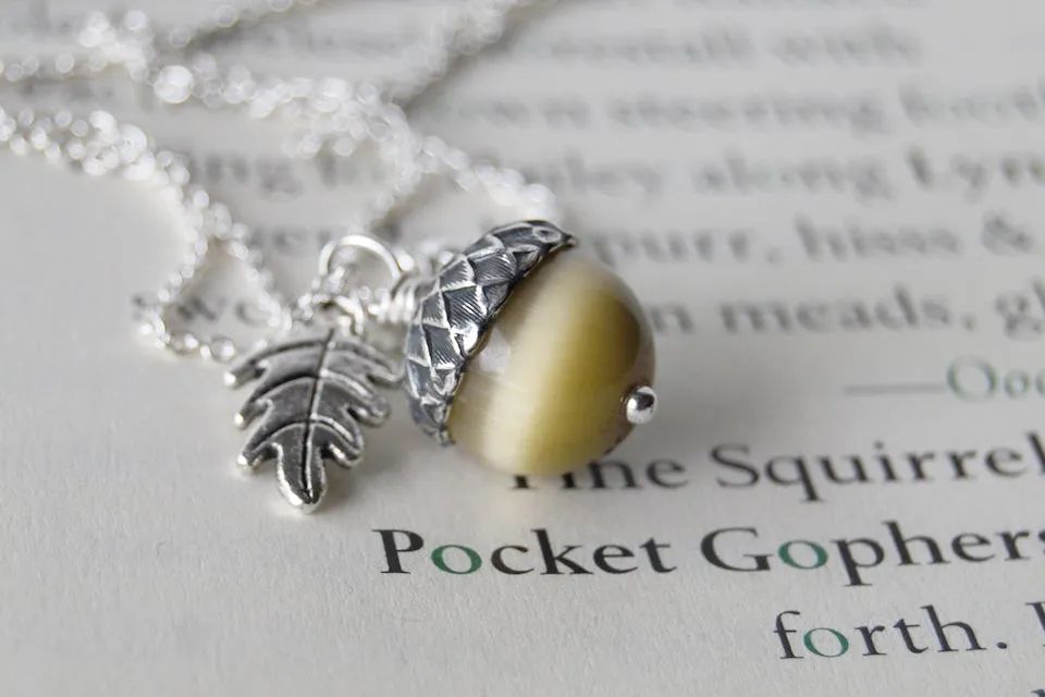 Saffron and Silver Acorn Necklace | Fall Acorn Necklace | Woodland Gemstone Acorn | Nature Jewelry