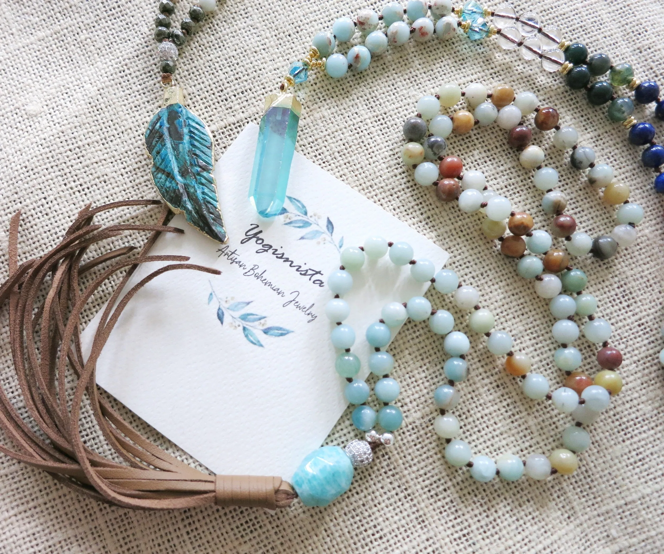 SALE - Long Amazonite Boho Tassel Leather Necklace