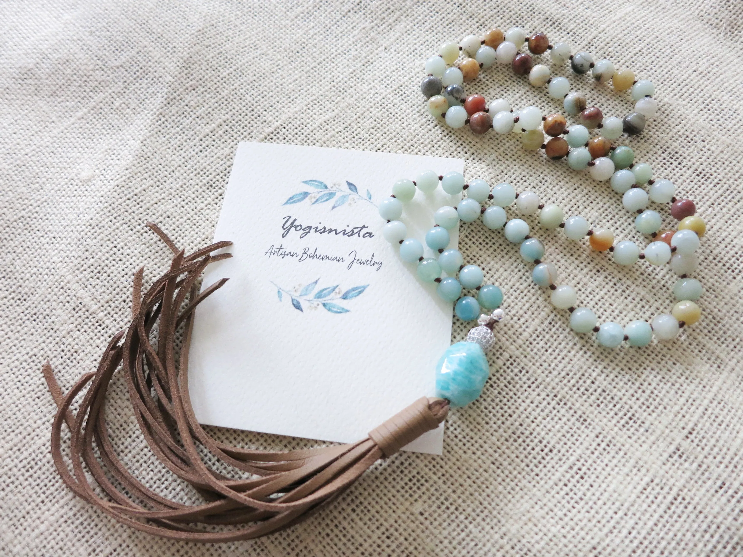 SALE - Long Amazonite Boho Tassel Leather Necklace