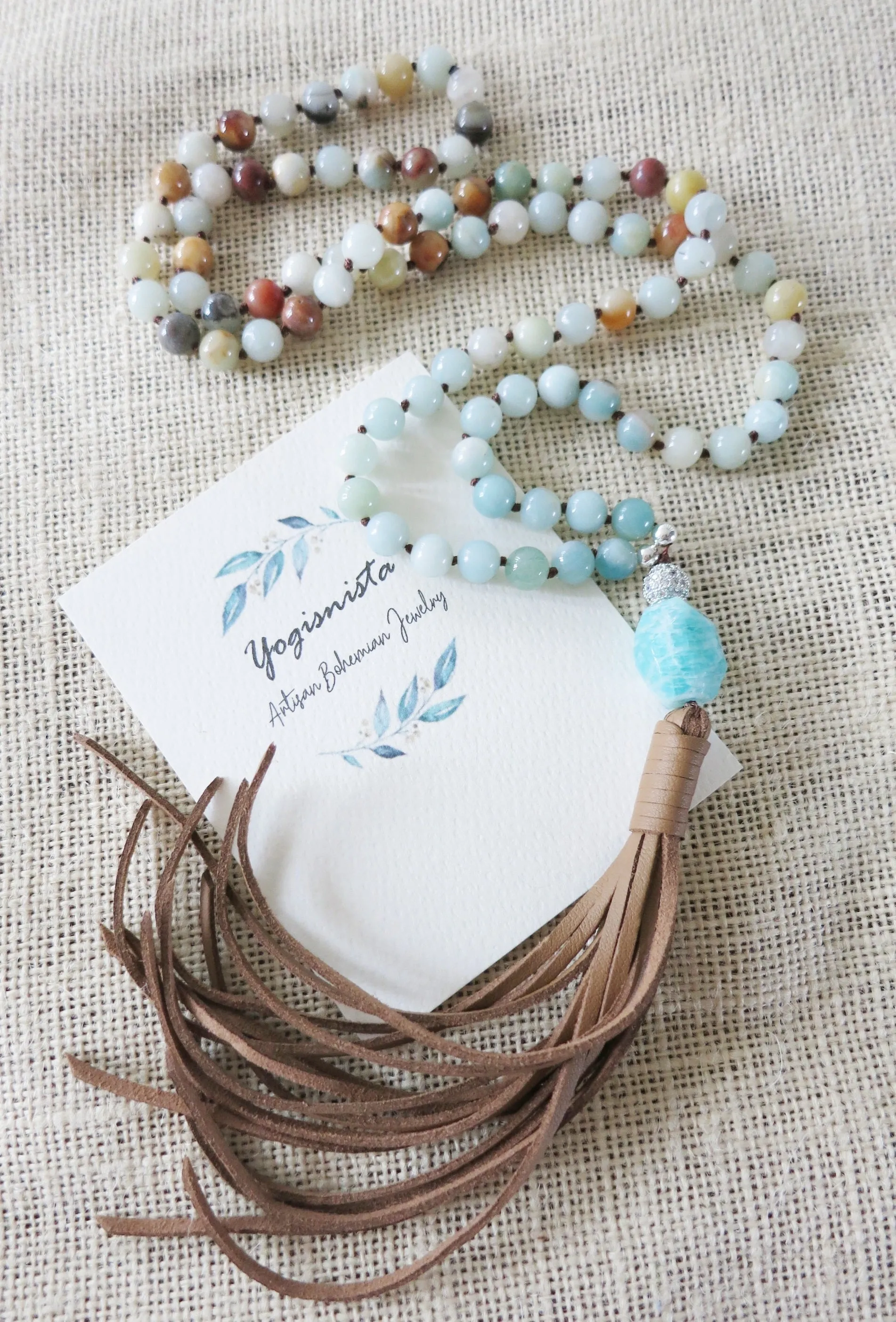 SALE - Long Amazonite Boho Tassel Leather Necklace