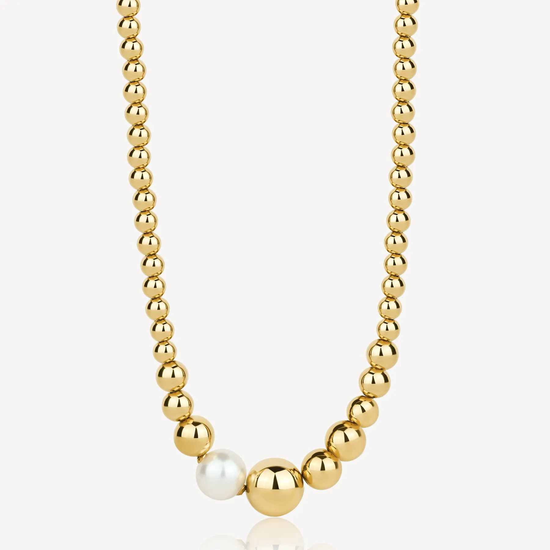 Sea-Shell Pearl Graduated Bead Necklace in Gold Plated Stainless Steel