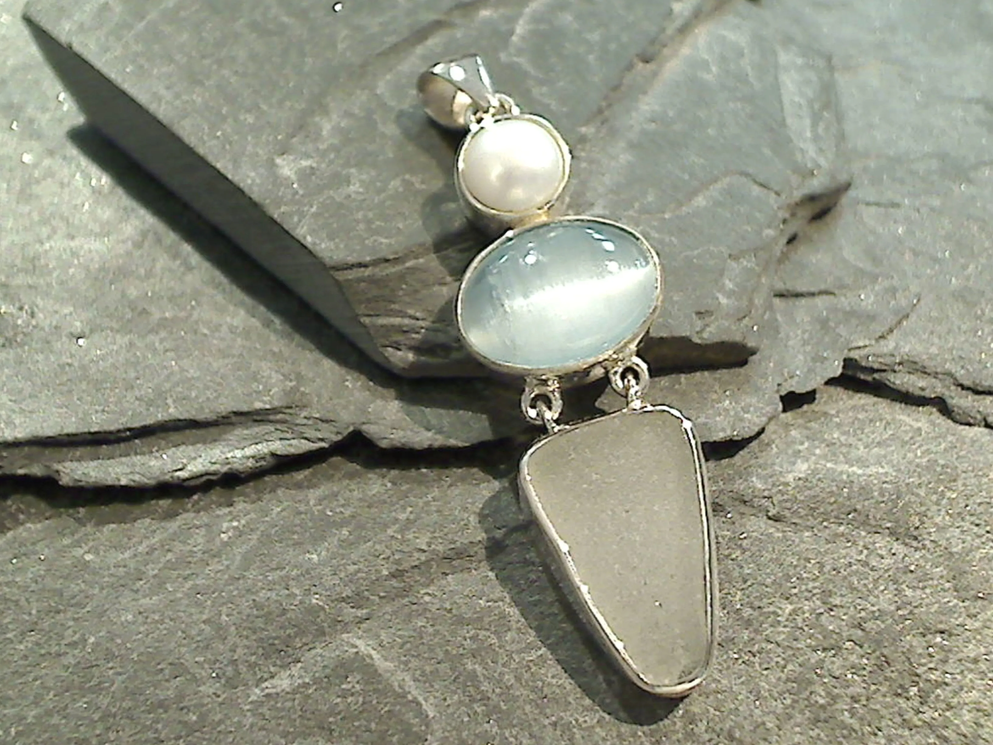 Selenite, Sea Glass, Pearl, Sterling Pendant