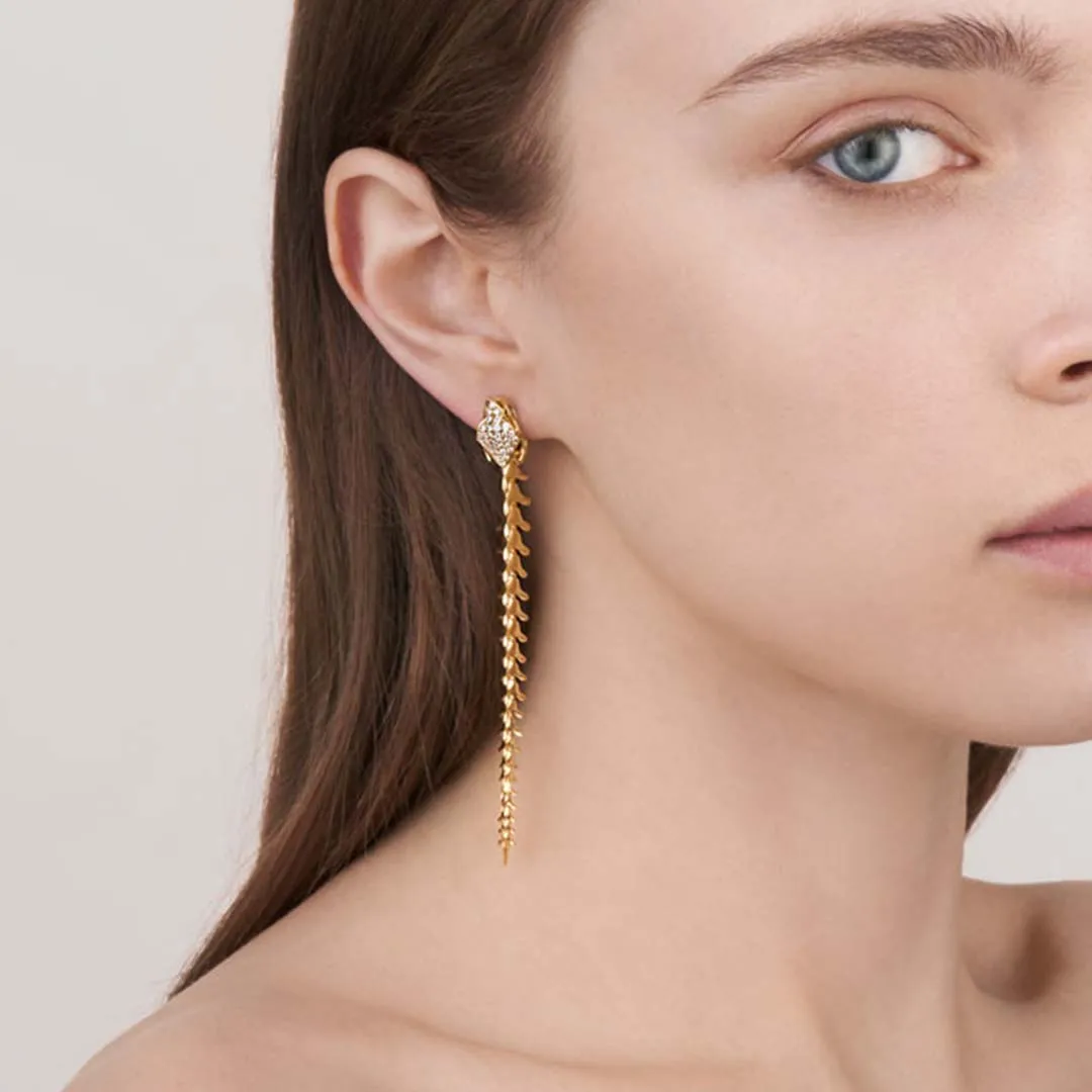 Serpent's Trace Long Drop Earrings - Yellow Gold Vermeil & Diamond Pavé