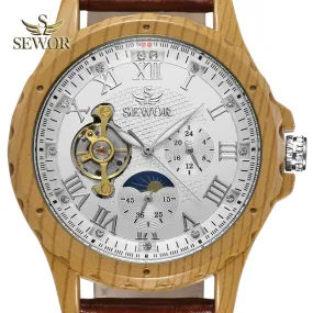 SEWOR 2018 New design Imitation wood metal  Moon phase men's automatic mechanical watch C321