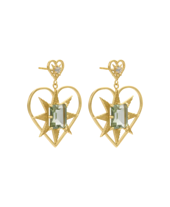 Shining Heart Earrings | 22k Gold Plate | White Zircon & Green Amethyst