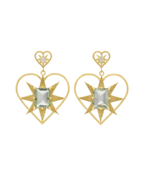 Shining Heart Earrings | 22k Gold Plate | White Zircon & Green Amethyst