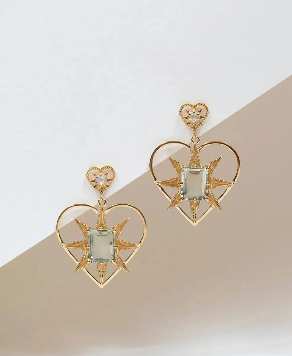 Shining Heart Earrings | 22k Gold Plate | White Zircon & Green Amethyst