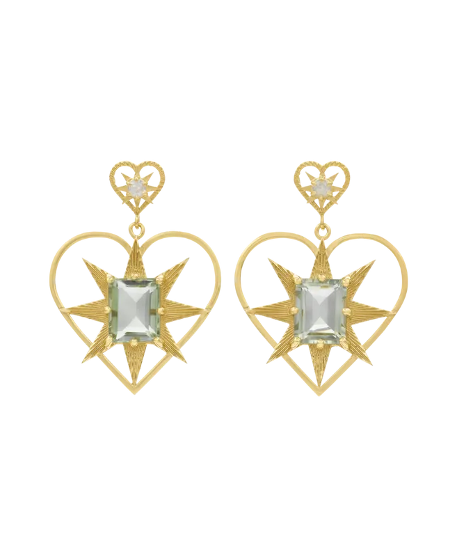 Shining Heart Earrings | 22k Gold Plate | White Zircon & Green Amethyst