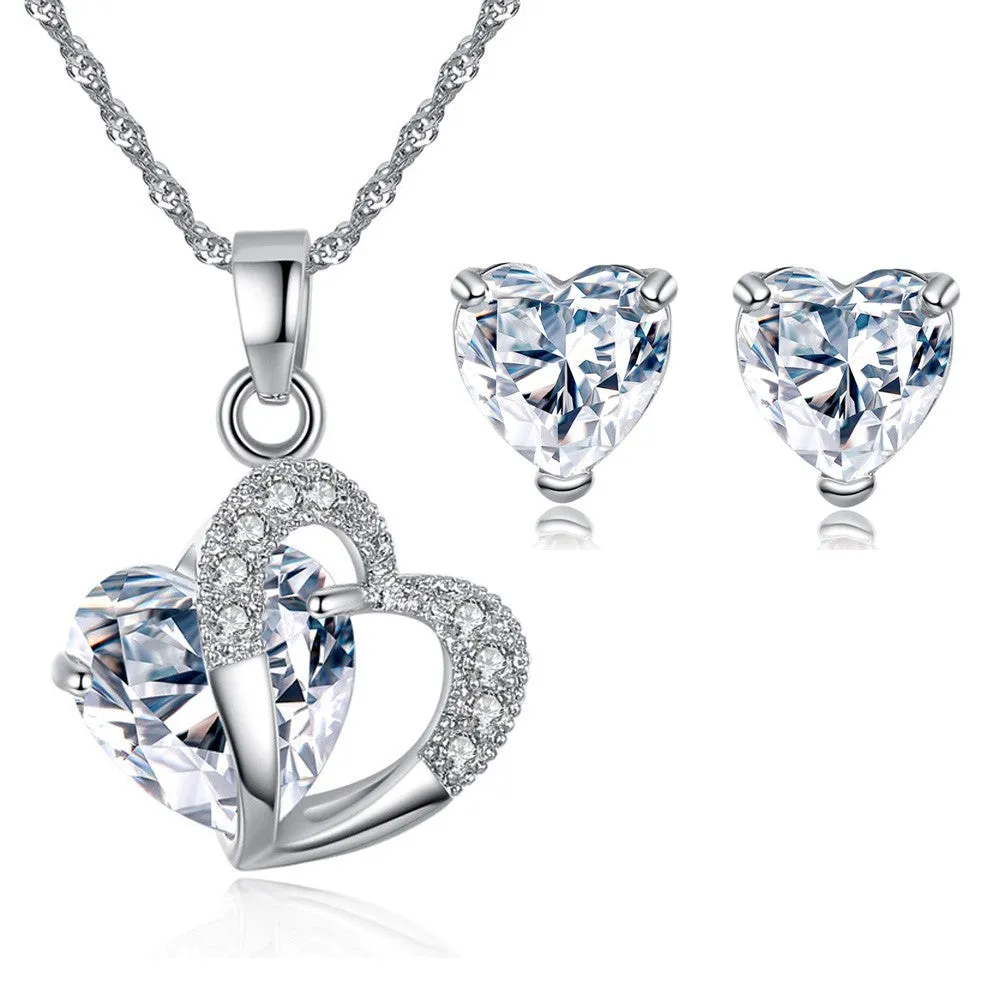 Silver Heart Necklace and Earrings Set