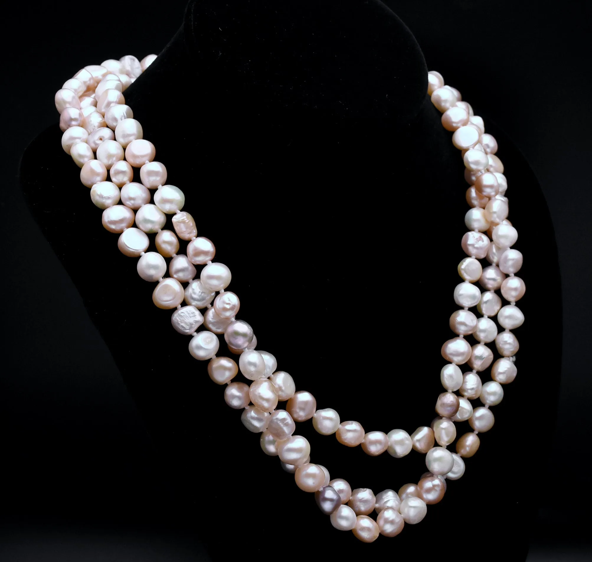 Single Strand Rope Necklace of Semi-Baroque Variety Colors Cultured Pearls - 63"