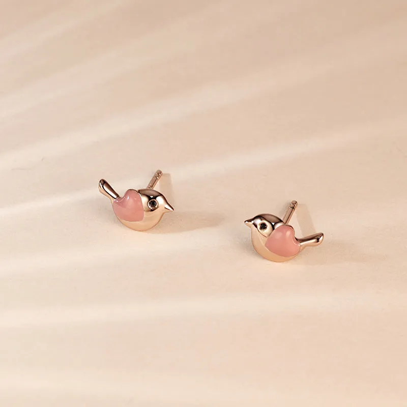 Small Bird with Pink Opal Stone Silver Studs Earrings for Women