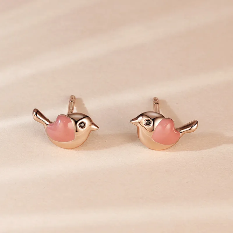 Small Bird with Pink Opal Stone Silver Studs Earrings for Women