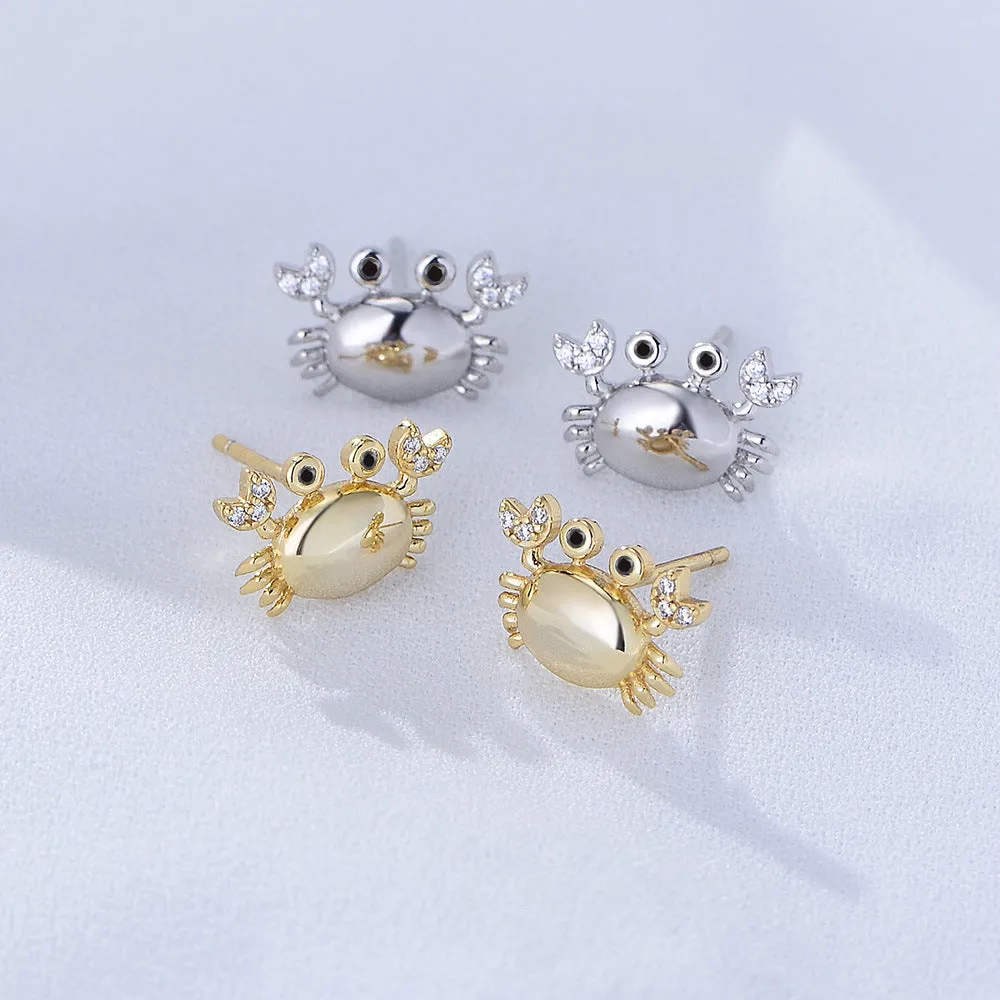 Small Crab with Zircon Silver Studs Earrings for Women