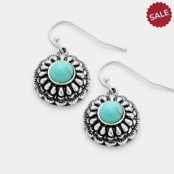 Small Round Turquoise Antique Silver Earrings