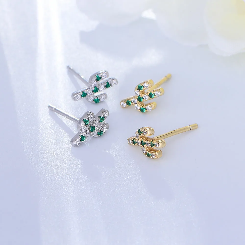 Small Zircon Cactus Silver Studs Earrings for Women