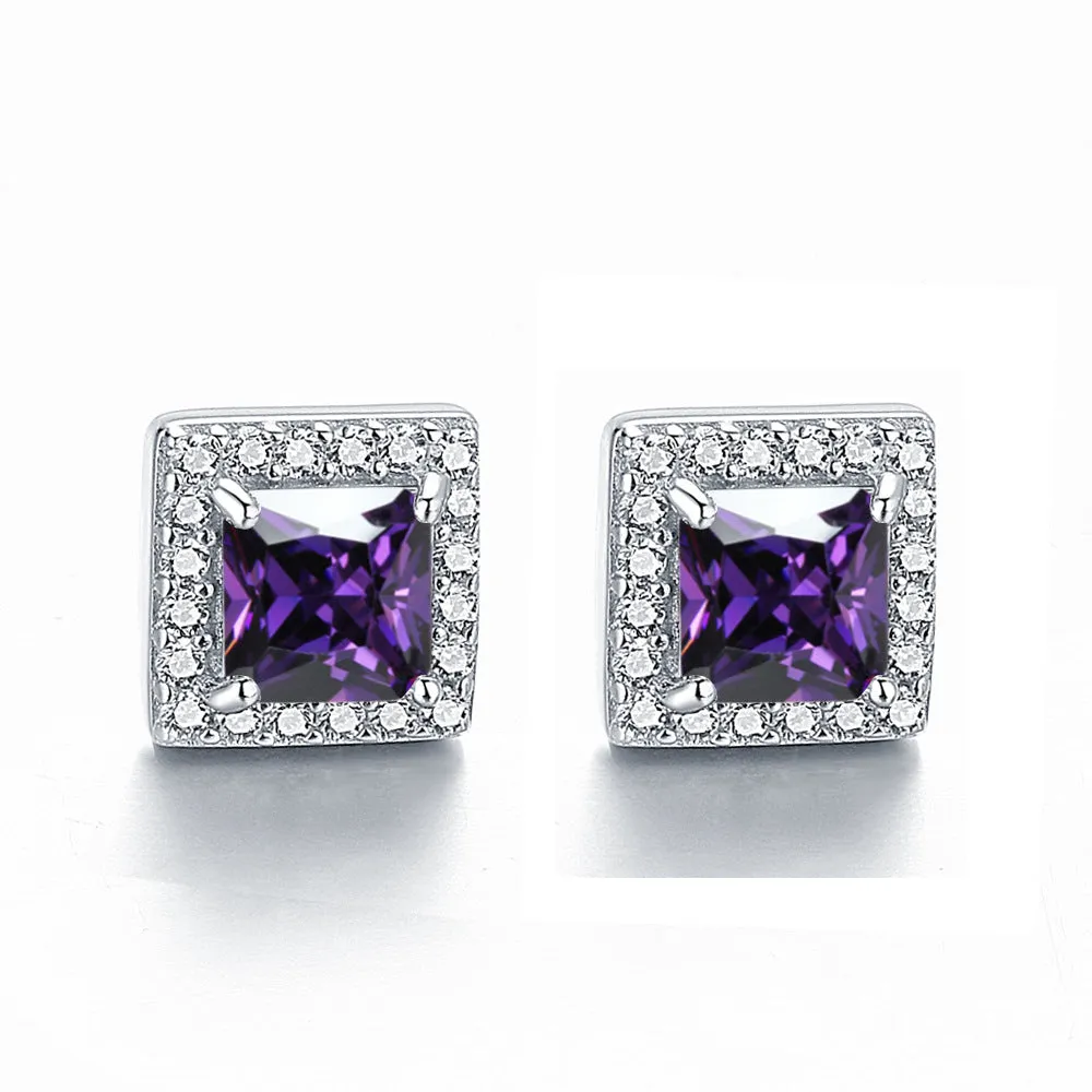 Square Zircon Soleste Halo Silver Studs Earrings for Women