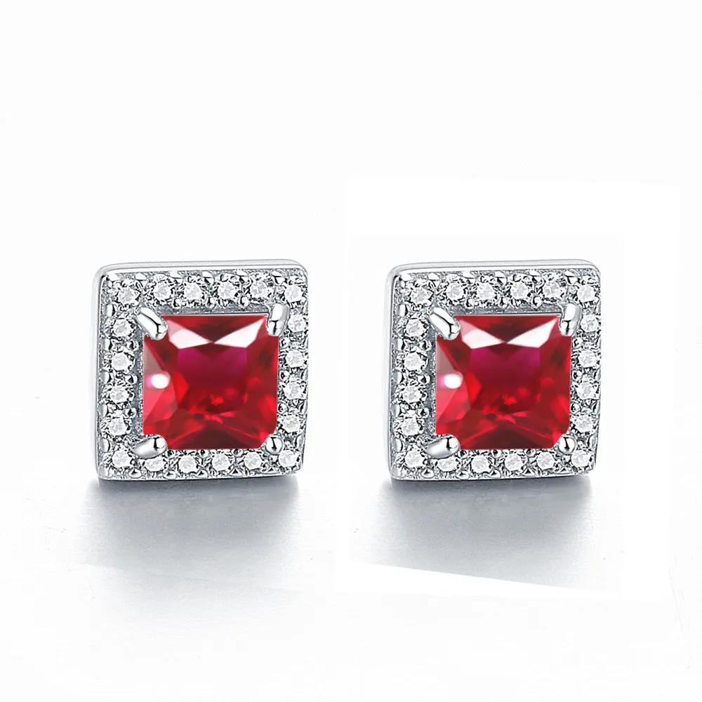 Square Zircon Soleste Halo Silver Studs Earrings for Women