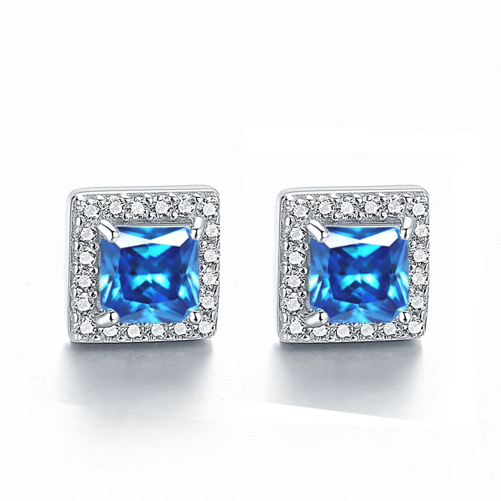 Square Zircon Soleste Halo Silver Studs Earrings for Women