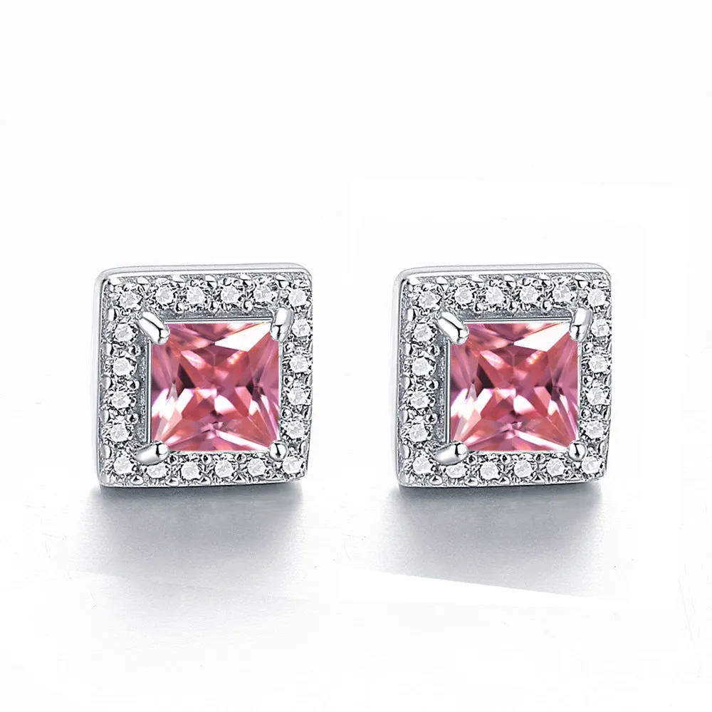 Square Zircon Soleste Halo Silver Studs Earrings for Women