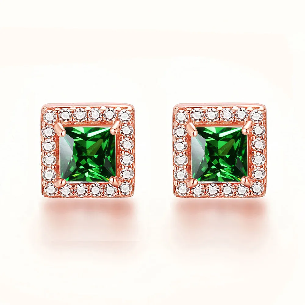 Square Zircon Soleste Halo Silver Studs Earrings for Women