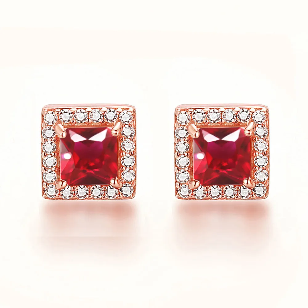 Square Zircon Soleste Halo Silver Studs Earrings for Women