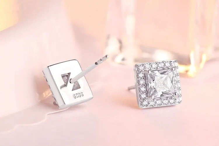 Square Zircon Soleste Halo Silver Studs Earrings for Women