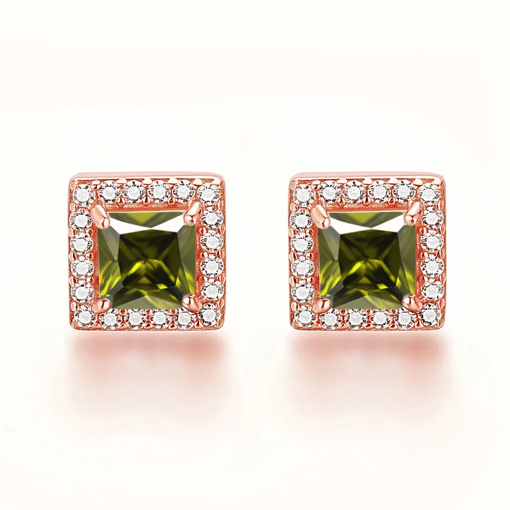 Square Zircon Soleste Halo Silver Studs Earrings for Women