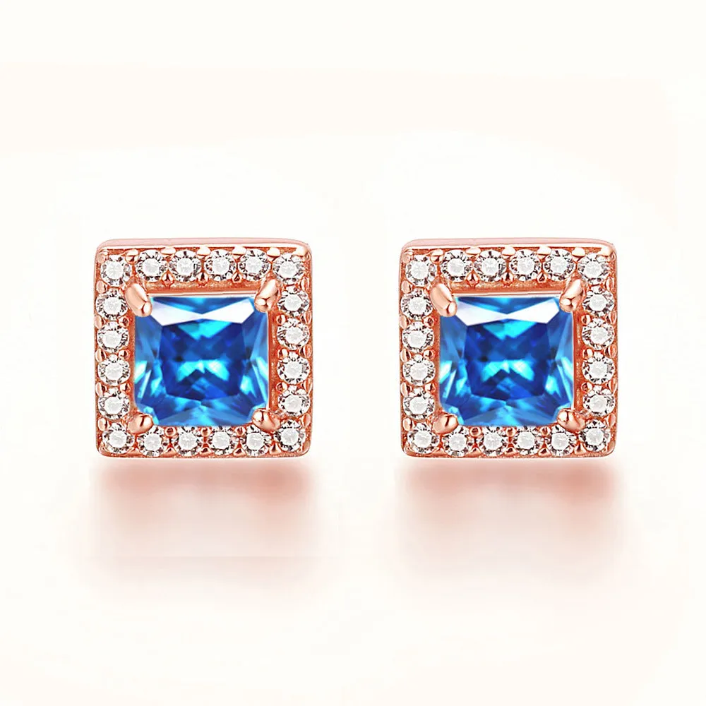 Square Zircon Soleste Halo Silver Studs Earrings for Women