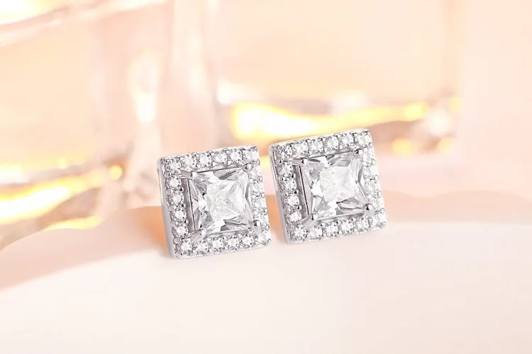 Square Zircon Soleste Halo Silver Studs Earrings for Women