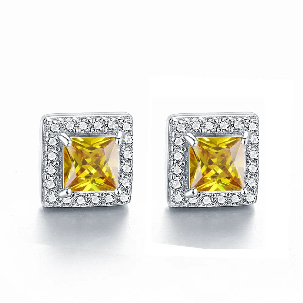 Square Zircon Soleste Halo Silver Studs Earrings for Women