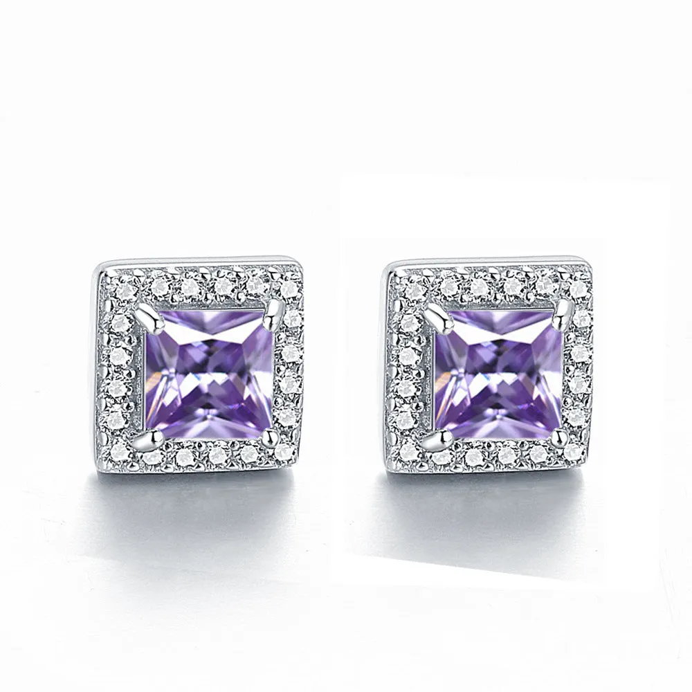 Square Zircon Soleste Halo Silver Studs Earrings for Women