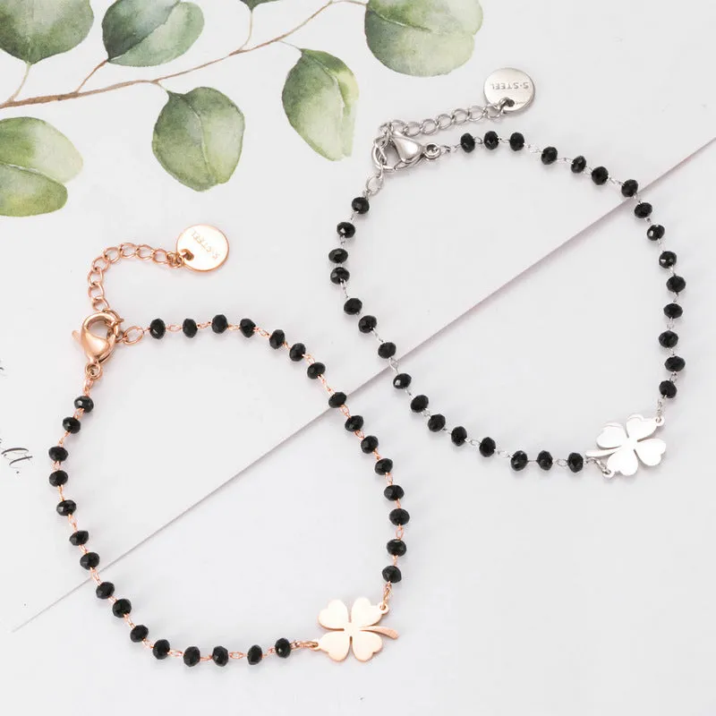 Stainless Steel Four Leaf Clover Black Crystal Bracelet