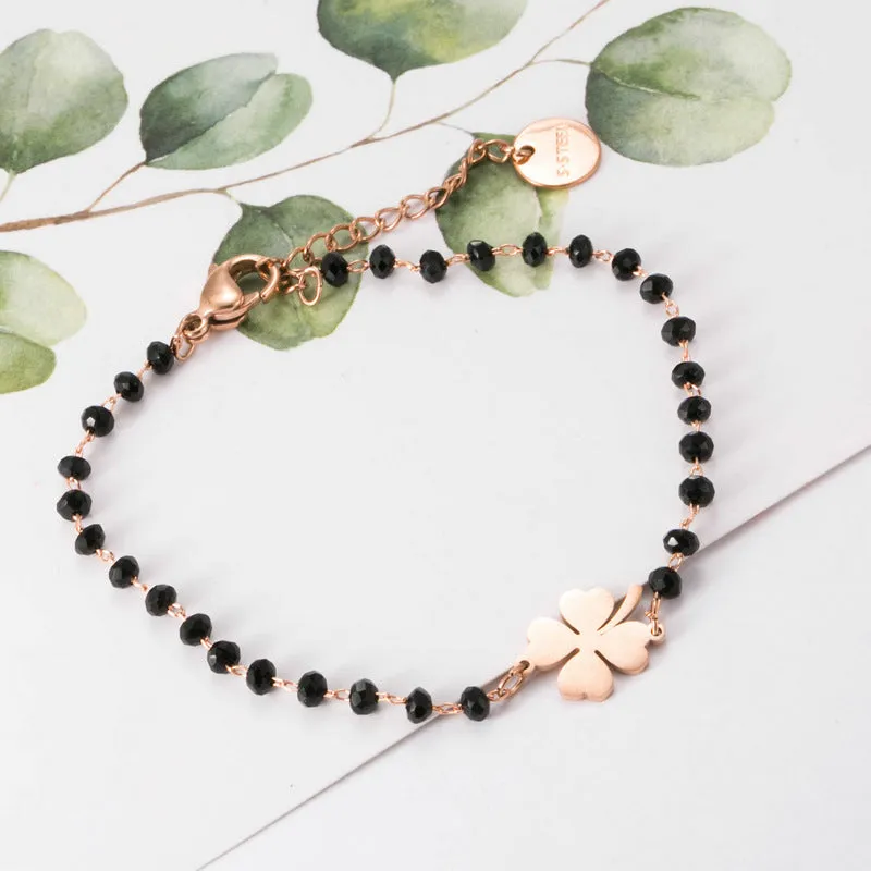 Stainless Steel Four Leaf Clover Black Crystal Bracelet