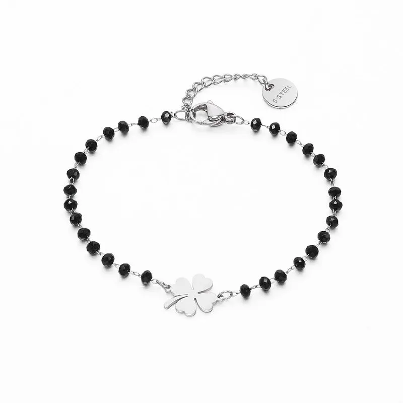 Stainless Steel Four Leaf Clover Black Crystal Bracelet