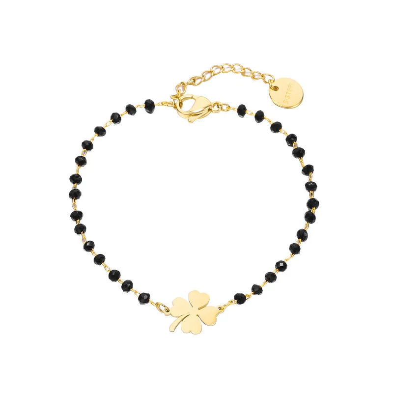 Stainless Steel Four Leaf Clover Black Crystal Bracelet