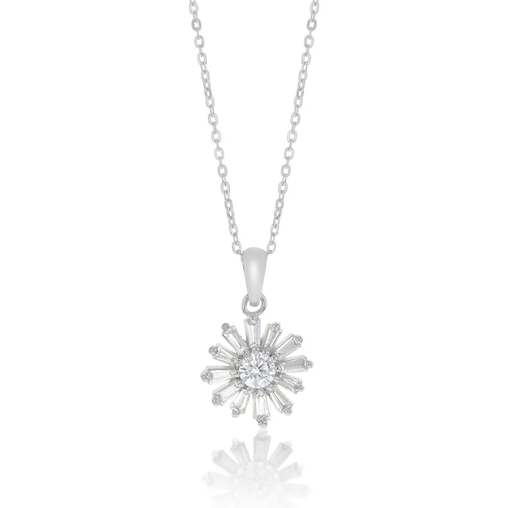 Sterling Silver Cubic Zirconia Flower Pendant On 42 3 cm Chain