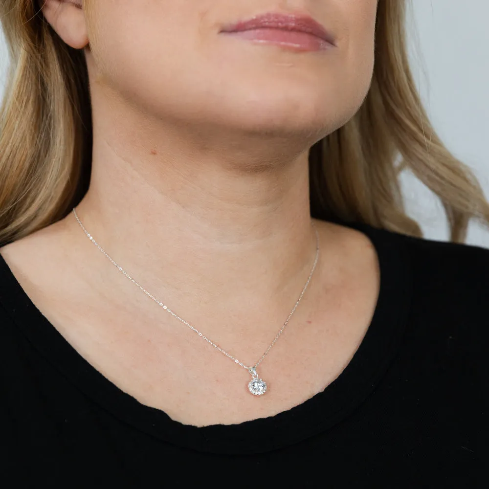 Sterling Silver Cubic Zirconia Halo Pendant On 45cm Chain