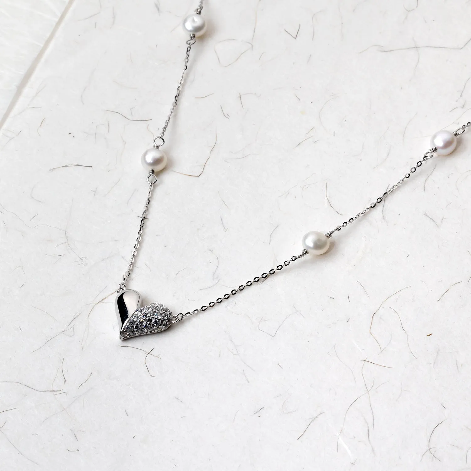 Sterling Silver Heart Necklace with Freshwater Pearls & Cubic Zironia