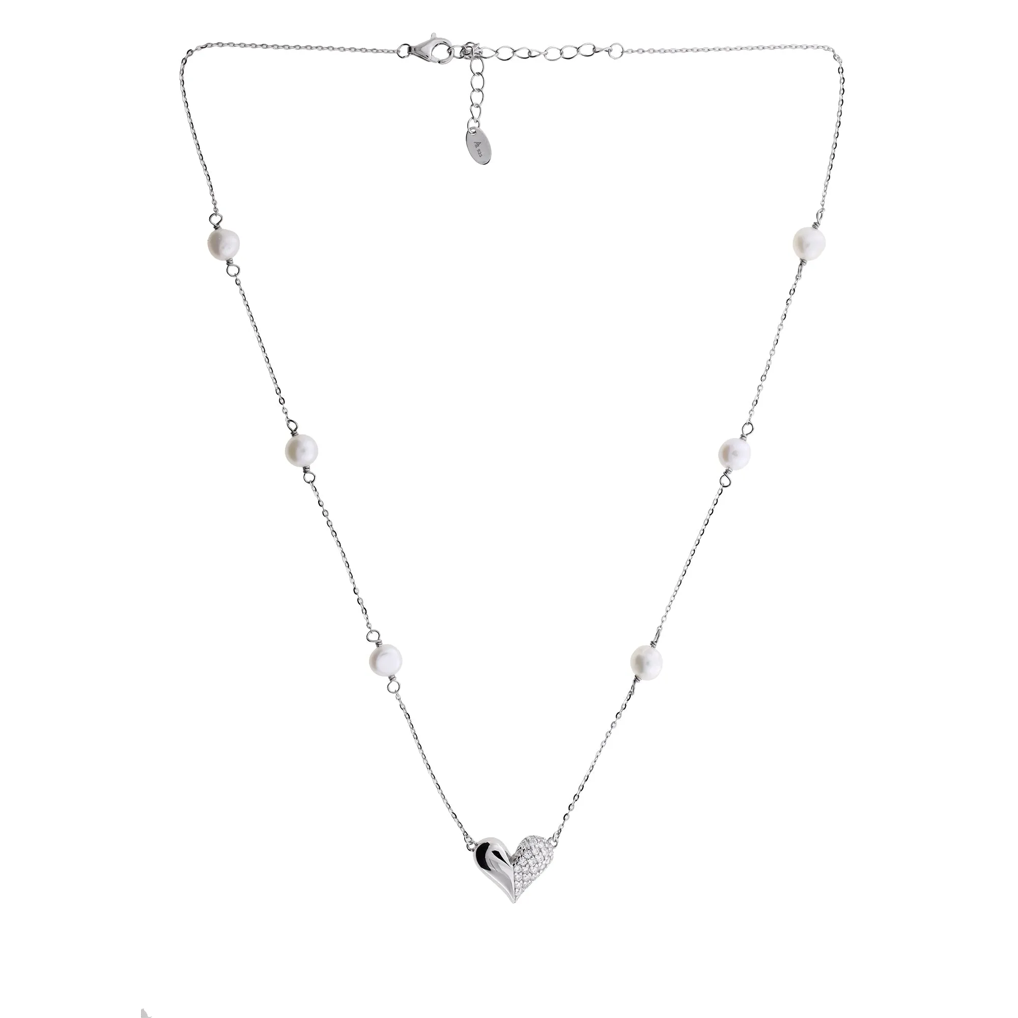 Sterling Silver Heart Necklace with Freshwater Pearls & Cubic Zironia