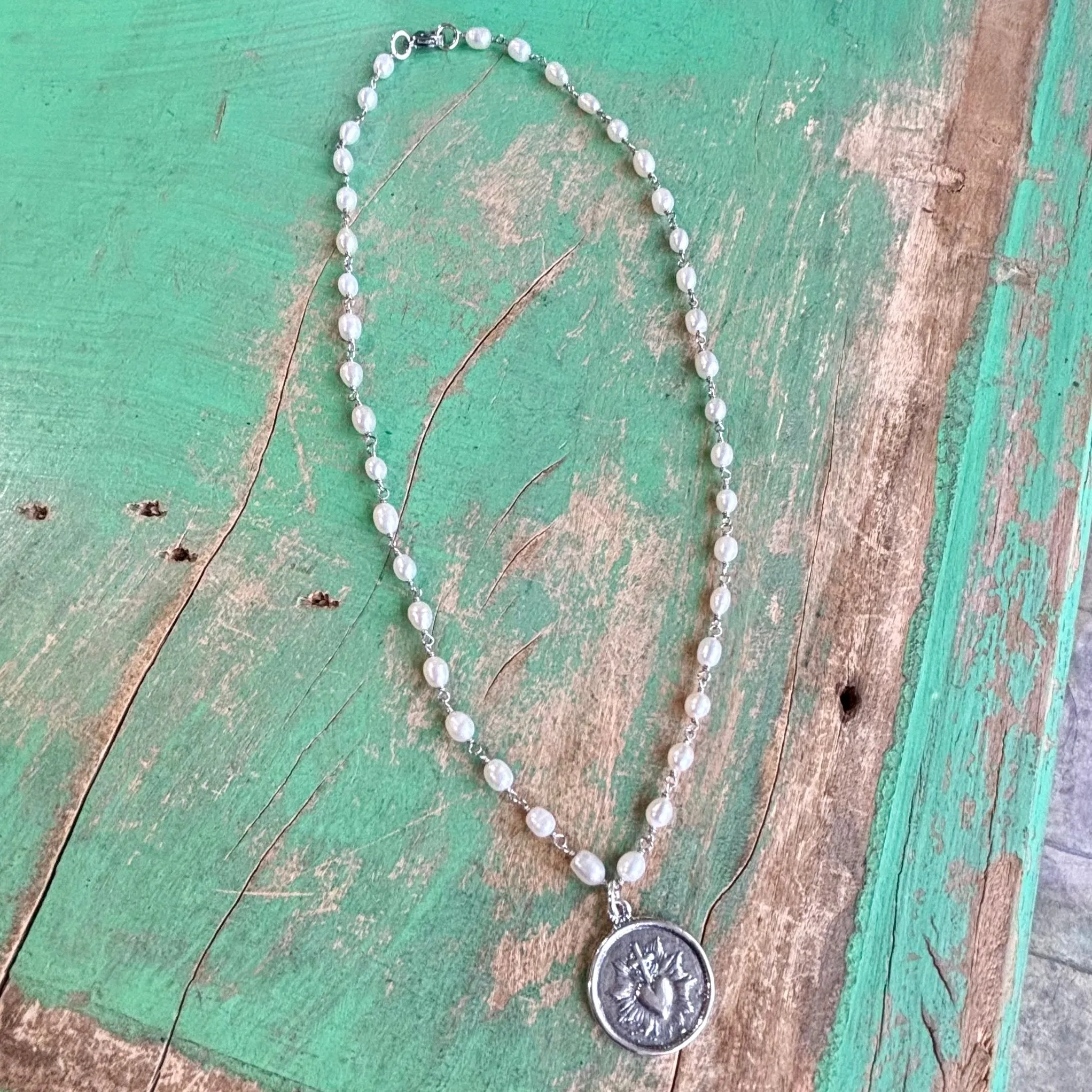 Sterling Silver Round Sacred Heart Medallion on Freshwater Pearls